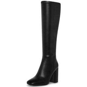 Women's Faux Leather Tall Boots Fashion Square Toe Chunky Heel Knee High Boots with Side Zip