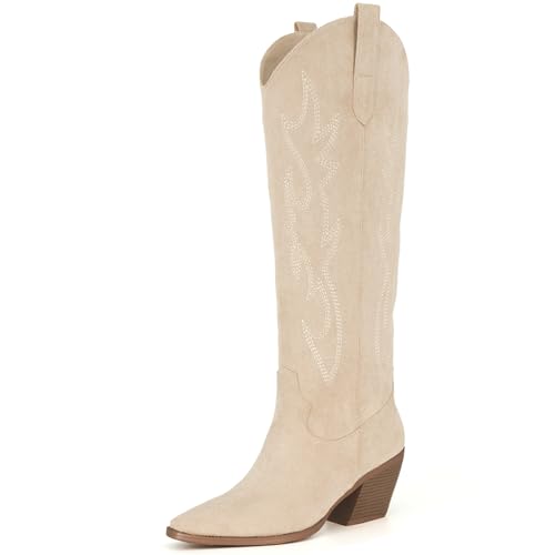 Cowgirl Boots Women Knee High Boots Pointed Toe and Block Heel Cowboy Suede and Faux Leather Boots with Embroidered
