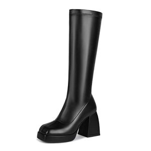 Knee High Boots Women Platform Chunky Block Heel Stretchy Square Toe Tall Patent Leather Long Boots