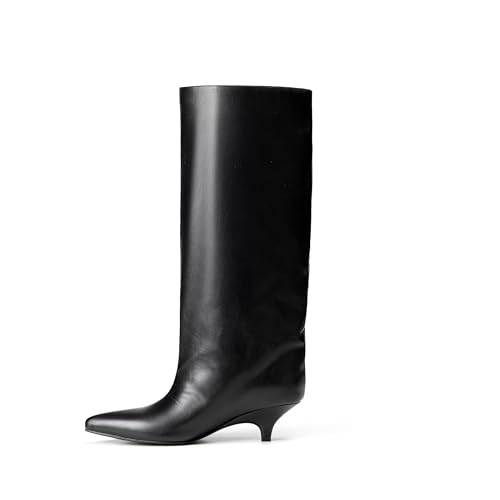 Knee High Boots for Women Wide Calf Pointed Toe Fold Over Black Boots Kitten Heel Comfortable for Dress & Daily Wear
