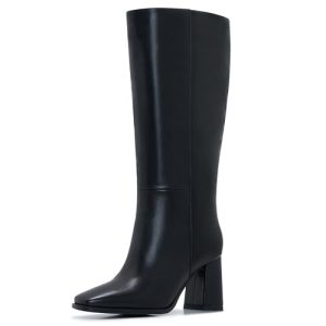 Wide Calf Knee High Boots for Women – Tall Fashion Boots with Side Zipper, Square Toe, Chunky Heel, Faux Leather Long Boots