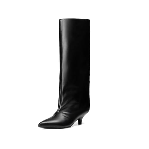 Knee High Boots for Women Wide Calf Pointed Toe Fold Over Black Boots Kitten Heel Comfortable for Dress & Daily Wear