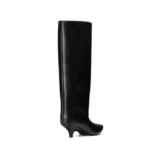 Knee High Boots for Women Wide Calf Pointed Toe Fold Over Black Boots Kitten Heel Comfortable for Dress & Daily Wear