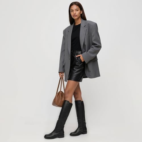 Knee High Boots Women Faux Leather Elastic Boots Low Heel Round Toe Side Zipper Fall Long Tall Boots for Women