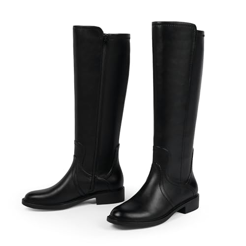 Knee High Boots Women Faux Leather Elastic Boots Low Heel Round Toe Side Zipper Fall Long Tall Boots for Women