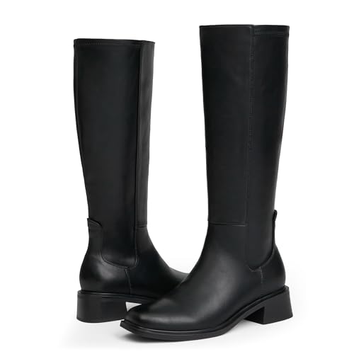 Knee High Boots for Women Low Heel Square Toe Side Zipper Fall Long Tall Boots Women Faux Leather Elastic Boots