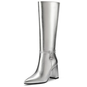 Knee High Boots for Women Chunky Block Heel Tall Boots Pointed Toe Side Zipper Fashion Dress Long Boots