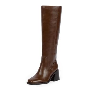 Women's Knee High Boots with Zipper Square Toe Chunky Heeled Tall Boots