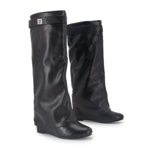 Fold Over Boots Women's Knee high Shark Boots Pointed Toe Wedge Heel Flat Shoes For Fall Winter Dress Boots