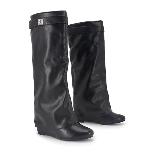 Fold Over Boots Women's Knee high Shark Boots Pointed Toe Wedge Heel Flat Shoes For Fall Winter Dress Boots