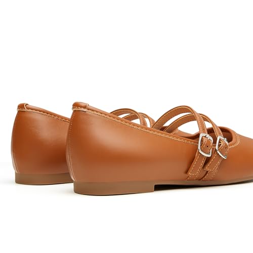 Mary Jane Shoes Women Square Toe Flats for Women Dressy Ballet Flat Mary Jane Flats with Buckle Strap Comfortable Slip On Casual