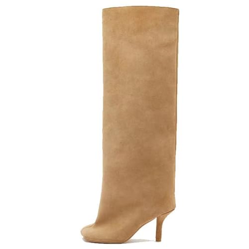 Suede Boots Wide Calf Boots with Slim High Heels Square Toe Stiletto Boots Straight Tall Boots Slouchy Boots Women's Knee High