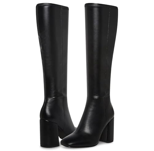 Women's Knee High Boots Faux Leather Square To Tall Boots Fashion Chunky Block Heel Long Boots with Side Zip