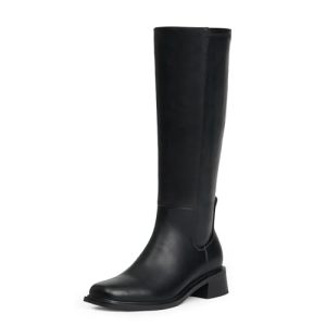 Knee High Boots for Women Low Heel Square Toe Side Zipper Fall Long Tall Boots Women Faux Leather Elastic Boots