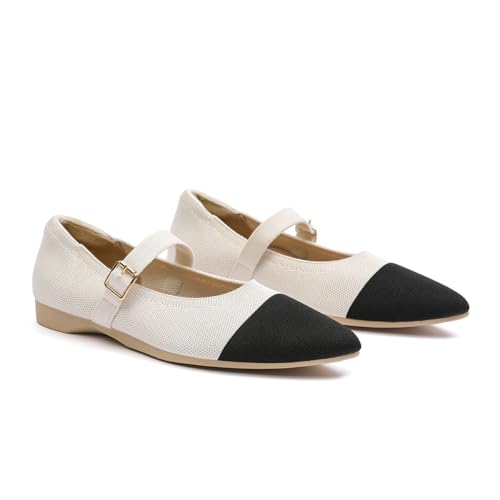 Women's Pointed Toe Knit Mary Jane Ballet Flats for Office Casual Wear Stretchy Dressy Slip-On Shoes with Arch Support
