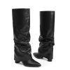 Knee High Boots Women Fold Over Knee High Boots Chunky High Heels Long Boots Zipper Pointed Toe Dress Tall Boots for Women