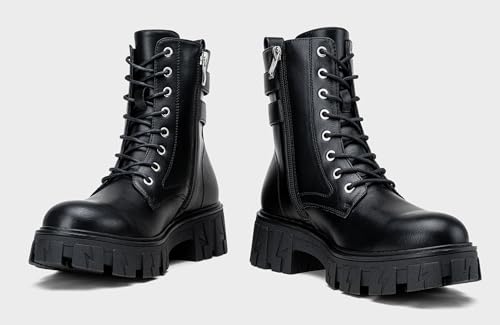 Women's Combat Boots, Platform Ankle Booties Lace up Chunky Heel with Inner Zipper