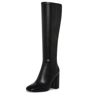 Women's Knee High Boots Faux Leather Square To Tall Boots Fashion Chunky Block Heel Long Boots with Side Zip