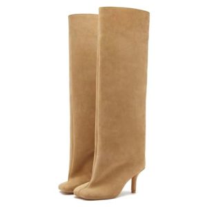 Women's Knee High Boots Nude Suede Wide Calf Stiletto Long Boots Pull On High Heel Riding Boots Fahion Dress Fall Tall Boots