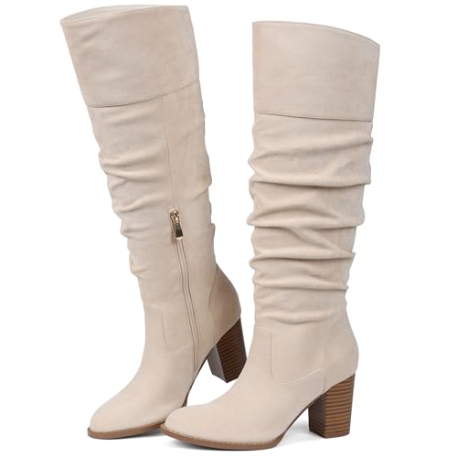 Suede Knee-High Boots Fall Boot For Women Chunky Block High Heel Slouch Fashion Boot Round Toe Side Zipper