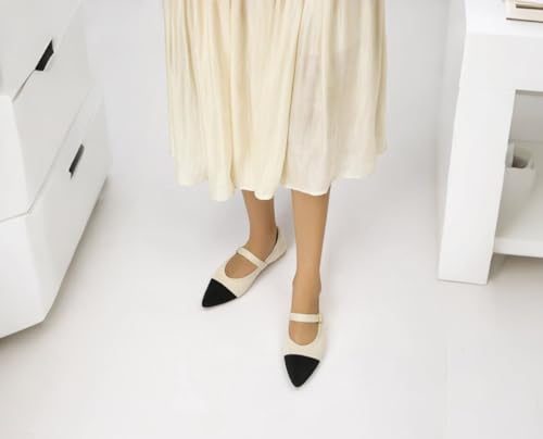 Women's Pointed Toe Knit Mary Jane Ballet Flats for Office Casual Wear Stretchy Dressy Slip-On Shoes with Arch Support