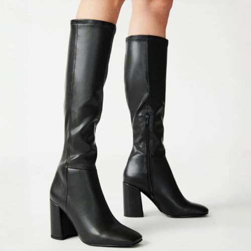 Women's Knee High Boots Faux Leather Square To Tall Boots Fashion Chunky Block Heel Long Boots with Side Zip