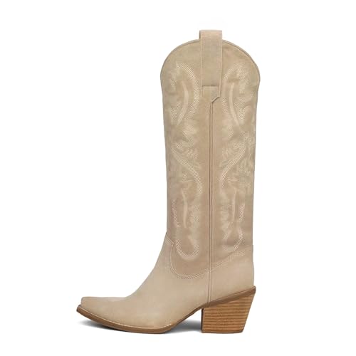 Knee High Boots Women Cowgirl Cowboy Western Fall Chunky Block High Heel Tall Long Fashion Boot Side Zipper