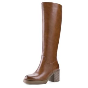 Platform Knee High Boots for Women Block Chunky Heel Round Toe Side Zipper Tall Boots