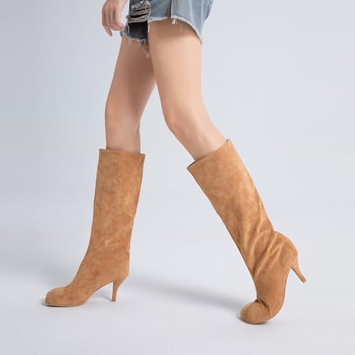 Suede Boots Wide Calf Boots with Slim High Heels Square Toe Stiletto Boots Straight Tall Boots Slouchy Boots Women's Knee High