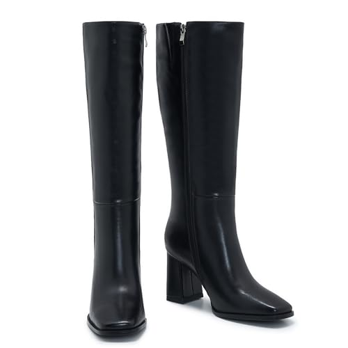 Wide Calf Knee High Boots for Women – Tall Fashion Boots with Side Zipper, Square Toe, Chunky Heel, Faux Leather Long Boots