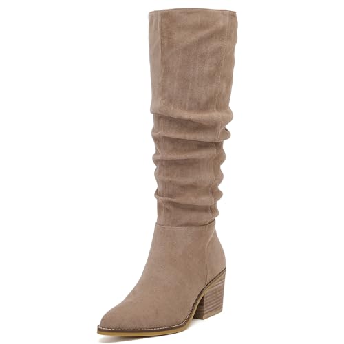 Women's Knee High Boots, Wide Calf Chunky Block Low Heel and Slouchy Pointed Toe Winter Long Boots for Women.