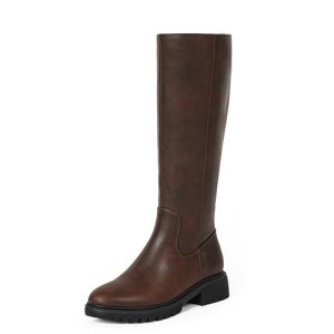 Knee High Boots for Women Round Toe Women's Fashion Tall Riding Boots Chunky Platform Long Flat Boot with Side Zipper Low Heel