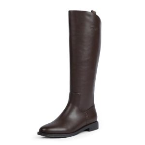 Knee High Boots Women Rounded Toe Flat Retro Bais Opening Low Chunky Heel Riding Boots