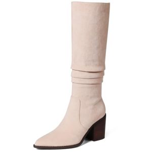 Knee High Boots Women Suede Boots Pointy Toe Chunky Block Heels Side Zipper Wide Calf Boots Fashion Dress Tall Boots Fall Winter