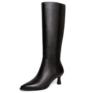 Kitten Heel Knee High Boots Women-Pointed Toe Faux Leather Stiletto Side Zipper Long Tall Dress Boot