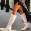 Womens Knee High Boots Square Toe Chunky Block Heel Side Zipper Faux Suede Long Boots Fall Winter Shoes