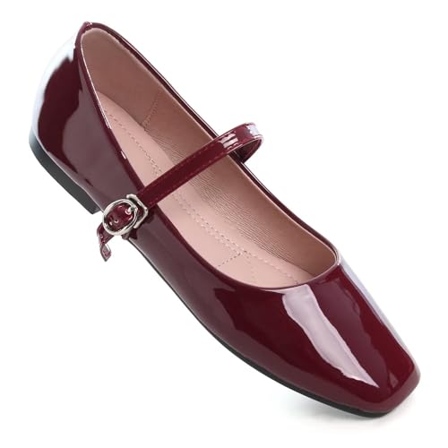 Leather Mary Jane Shoes for Women Dressy Square Toe Ballet Flats with Strap Comfortable Walking Shoes Soft Leather Dress Shoes