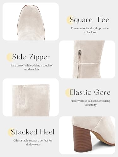 Womens Knee High Boots Square Toe Chunky Block Heel Side Zipper Faux Suede Long Boots Fall Winter Shoes