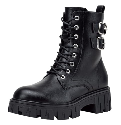 Women's Combat Boots, Platform Ankle Booties Lace up Chunky Heel with Inner Zipper