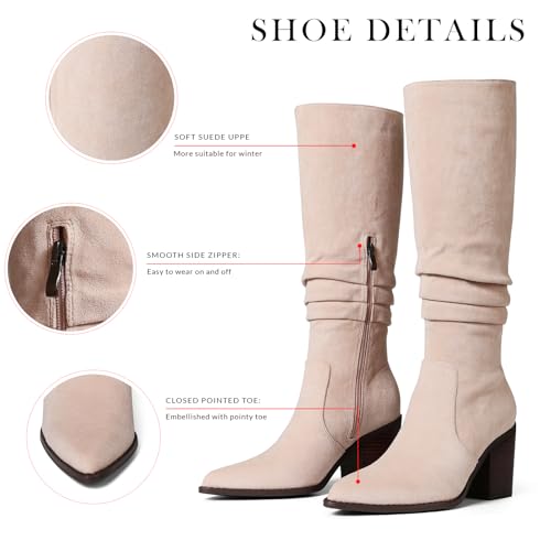 Knee High Boots Women Suede Boots Pointy Toe Chunky Block Heels Side Zipper Wide Calf Boots Fashion Dress Tall Boots Fall Winter