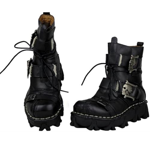 Mens Black Genuine Leather Military Army Boots Gothic Skull Punk Motorcycle Boots
