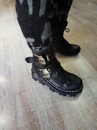 Mens Black Genuine Leather Military Army Boots Gothic Skull Punk Motorcycle Boots