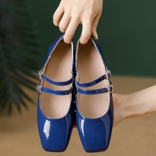Mary Jane Flats for Women Dressy Retro Square Toe Ankle Strap Ballet Flats Comfortable Patent Leather Shoes