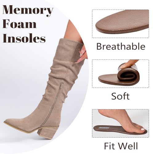 Women's Knee High Boots, Wide Calf Chunky Block Low Heel and Slouchy Pointed Toe Winter Long Boots for Women.