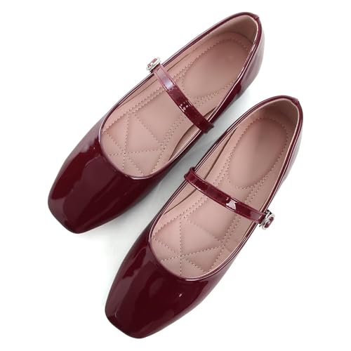 Leather Mary Jane Shoes for Women Dressy Square Toe Ballet Flats with Strap Comfortable Walking Shoes Soft Leather Dress Shoes