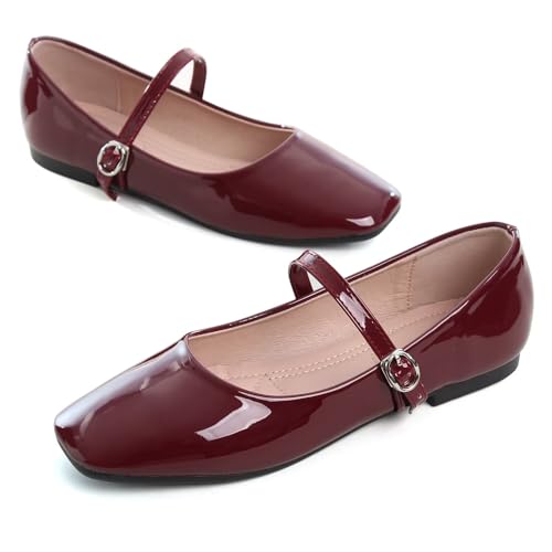 Leather Mary Jane Shoes for Women Dressy Square Toe Ballet Flats with Strap Comfortable Walking Shoes Soft Leather Dress Shoes