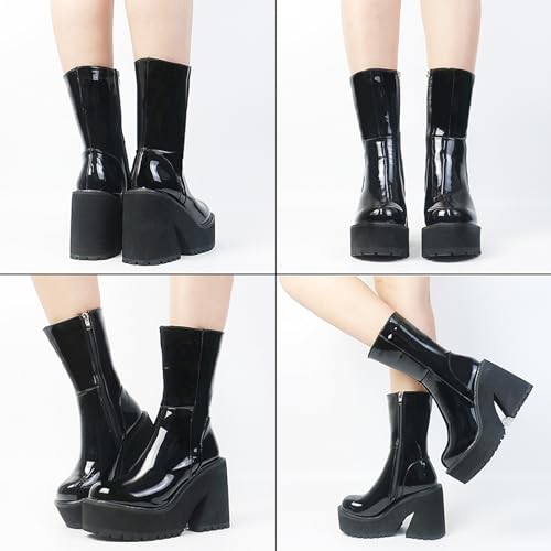 Womens Wedge Heel Ankle Boots Platform Zipper Punk Motorcycle Booties Chunky Block High Heel Round Toe Fashion Work Combat Boots
