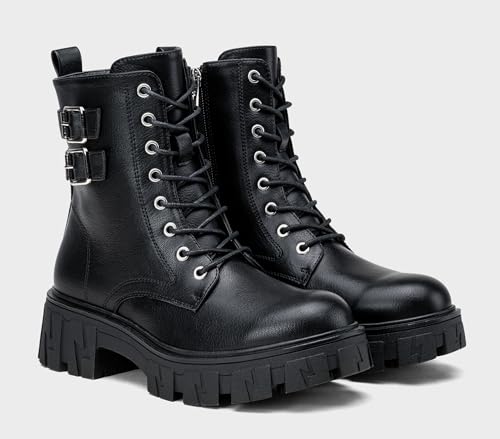 Women's Combat Boots, Platform Ankle Booties Lace up Chunky Heel with Inner Zipper