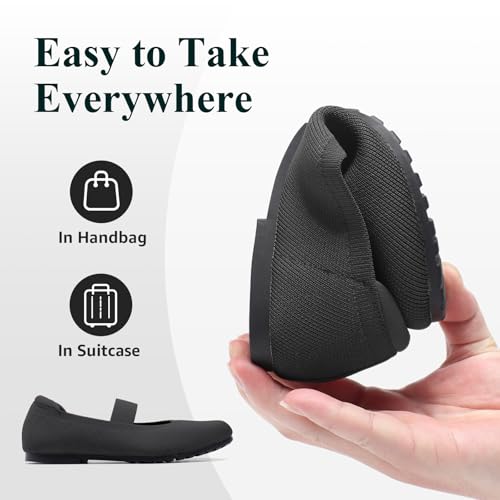 Mary Jane Ballet Flats Shoes for Women Foldable Round Toe - Seaweed Textile Knit Fabric, Arch Support, Massage Bumps Insoles,