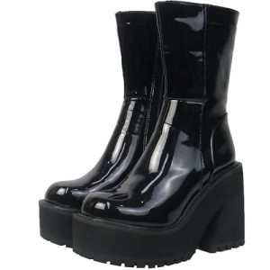 Womens Wedge Heel Ankle Boots Platform Zipper Punk Motorcycle Booties Chunky Block High Heel Round Toe Fashion Work Combat Boots